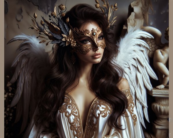 Elegant Woman in Masquerade Mask with Wings