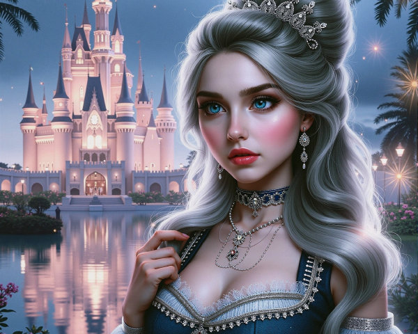 Young woman in blue dress by illuminated castle