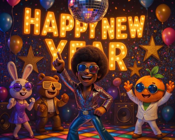 Vibrant New Year’s Party Scene with Colorful Characters