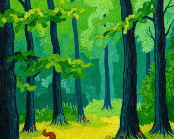 Vibrant Forest Scene with Colorful Trees and Wildlife