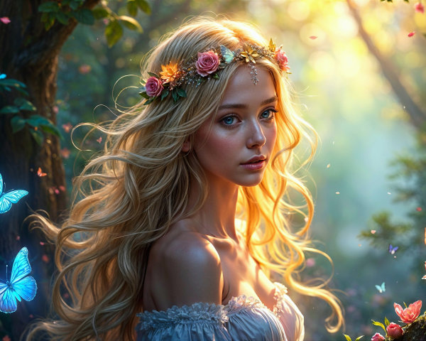 Young Woman in Floral Crown in Enchanted Forest