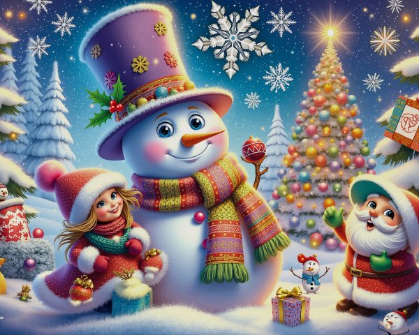 Whimsical Winter Scene with Snowman and Santa Claus