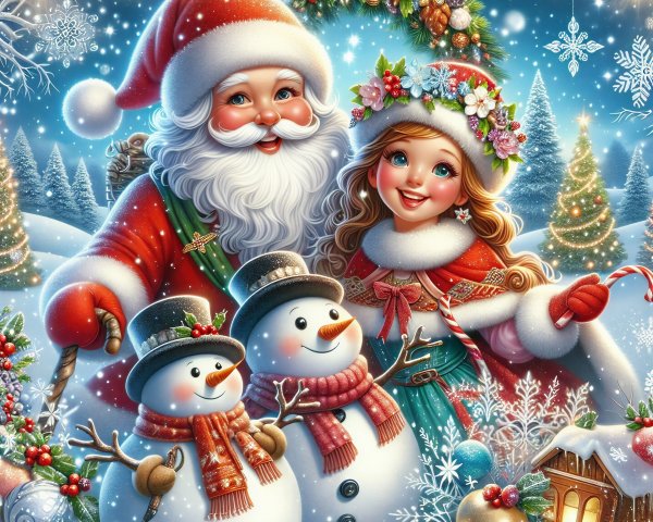 Festive Winter Scene with Santa and Cheerful Girl