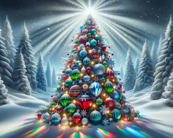 Decorated Christmas Tree in Snowy Forest Setting