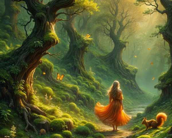 Mystical forest scene with woman by flowing stream