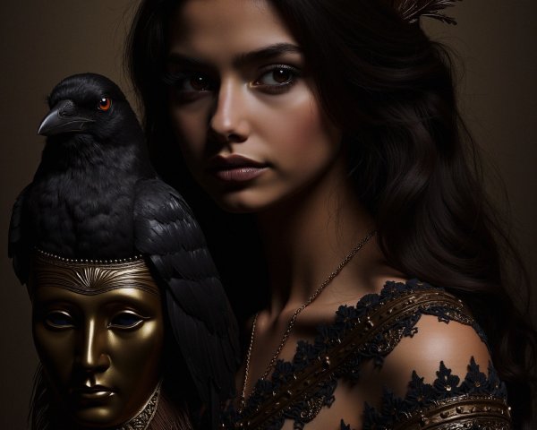 Portrait of a Young Woman with Gold Crown and Raven