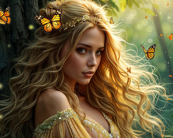 Young woman in gown with floral crown in forest