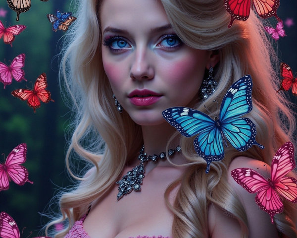 Young woman in pink dress with butterflies in forest