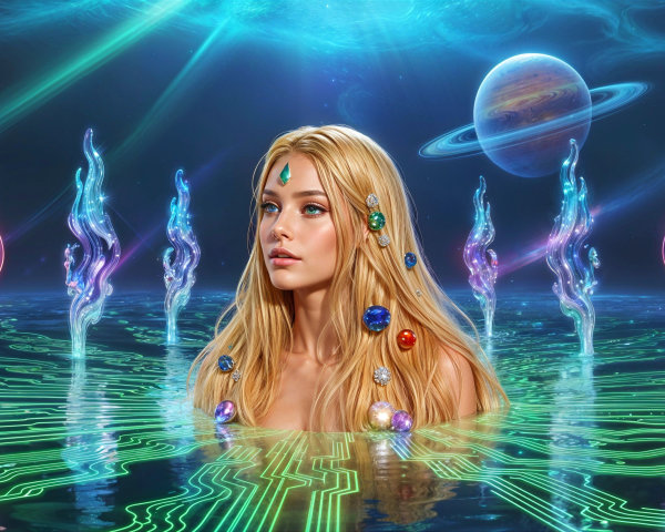 Ethereal Figure in a Glowing Digital Ocean Scene