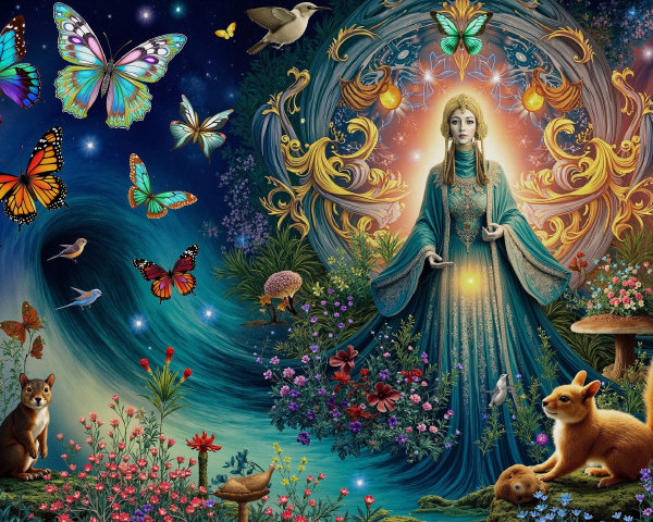 Mystical Scene with Serene Figure and Nature Elements
