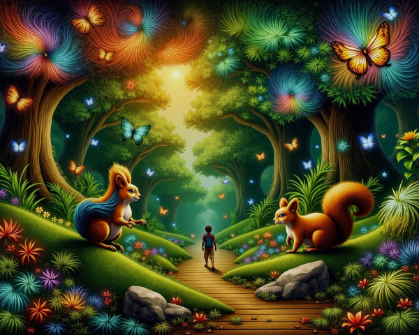 Whimsical Forest Scene with Squirrels and Butterflies