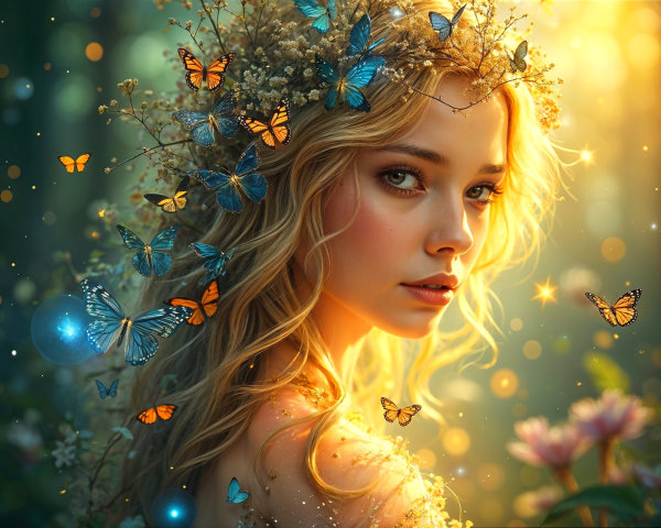 Serene young woman with golden hair and butterflies
