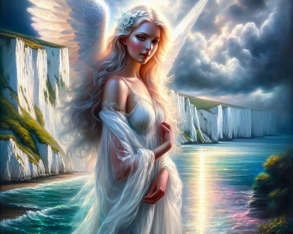 Angelic Figure by Serene Water with Dramatic Cliffs