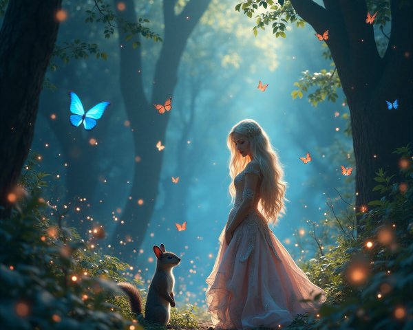 Young woman in pink gown with squirrel in magical forest