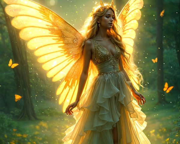 Ethereal Figure in Golden Gown in Mystical Forest