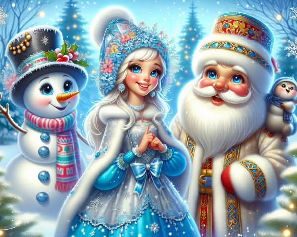 Cheerful girl in winter wonderland with snowman and Santa