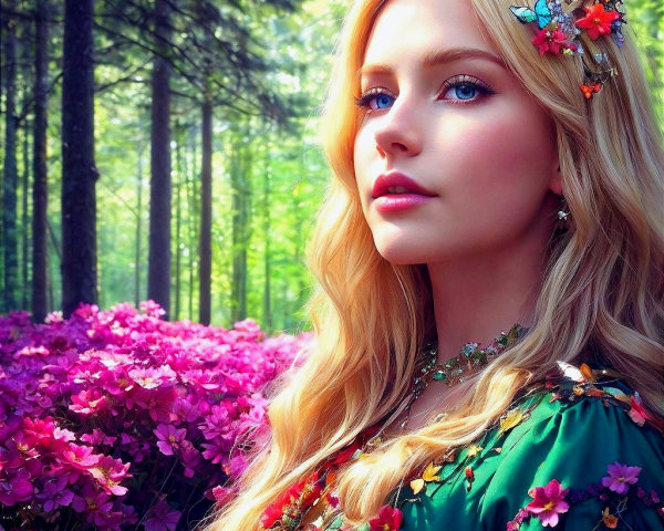 Young woman in vibrant forest with floral accents
