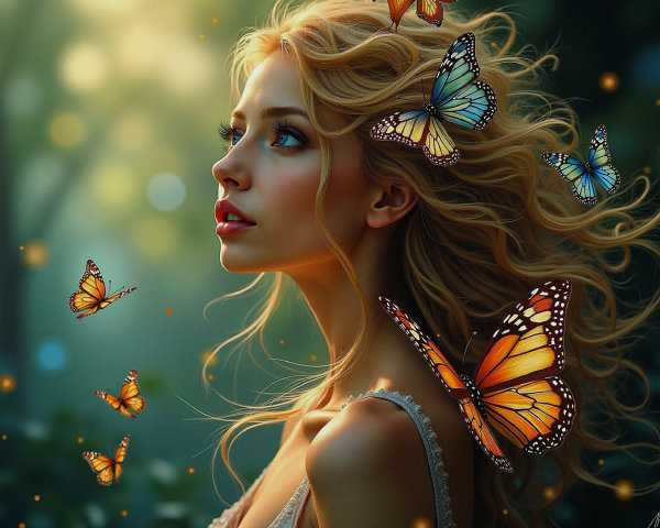 Serene Portrait of Young Woman with Butterflies