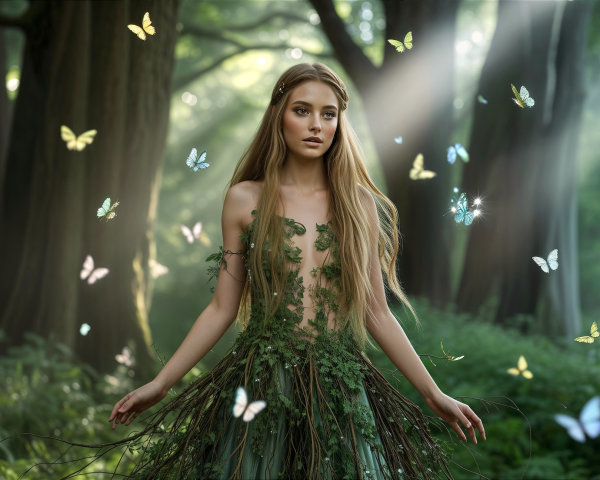 Young woman in nature-inspired gown in mystical forest