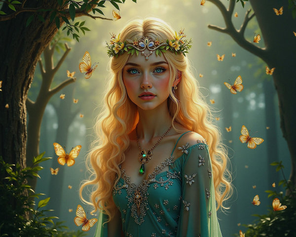 Serene Woman in Teal Gown Surrounded by Butterflies