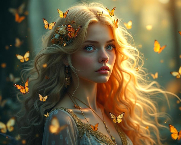 Young woman in magical forest with butterflies and flowers