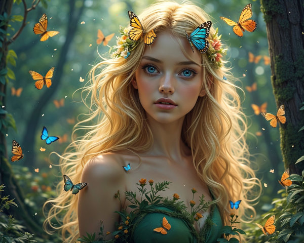 Young Woman in a Flower-Adorned Forest with Butterflies