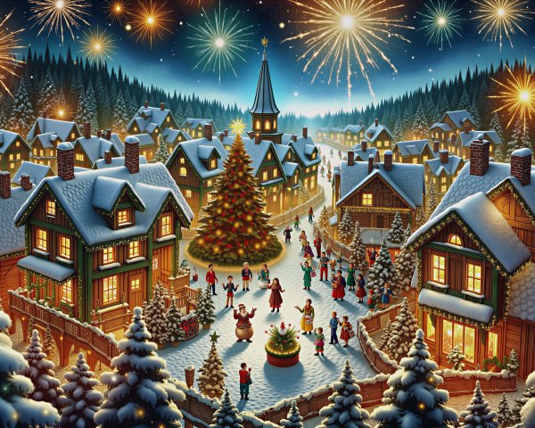 Winter Village Scene with Holiday Lights and Snow