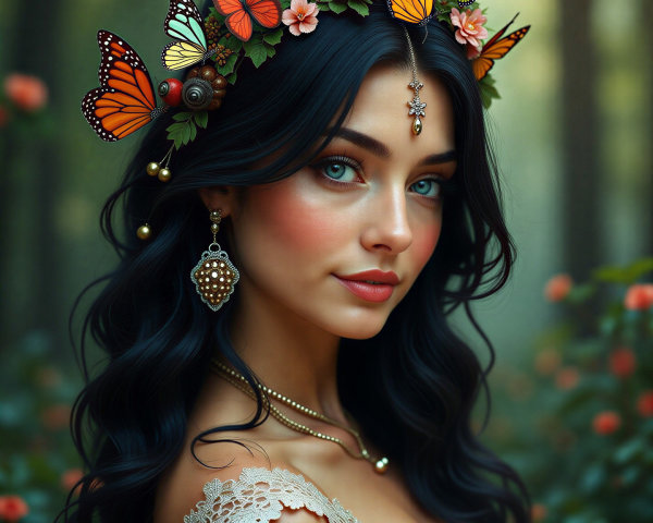 Young woman with butterflies and flowers in hair