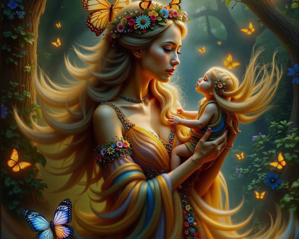 Magical Forest Scene with Woman and Child Adorned in Flowers