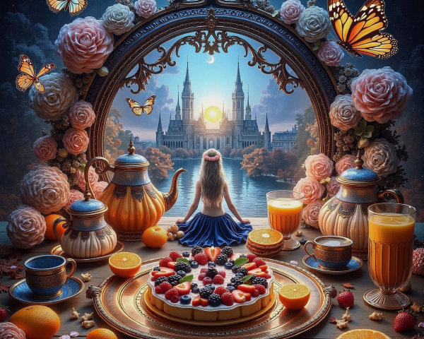 Whimsical Girl at Lavish Table with Castle Background