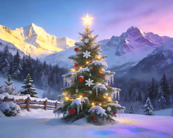 Christmas Tree in Snowy Landscape with Mountains