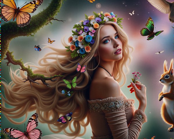Young woman in floral crown in magical forest setting