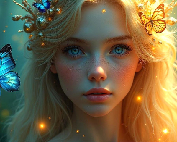 Young woman with blonde hair and butterflies in glow