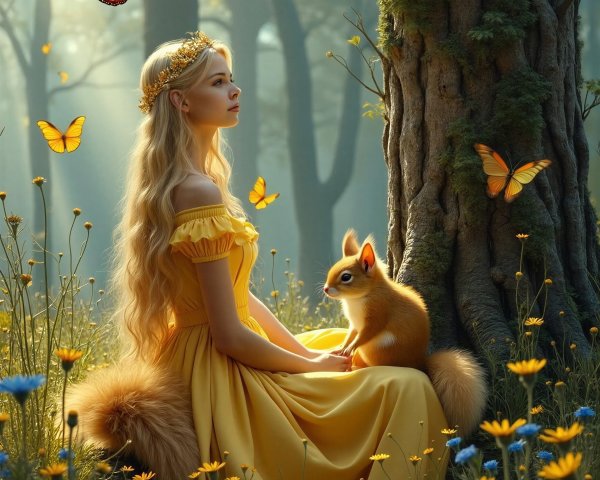 Young woman in yellow dress in magical forest setting