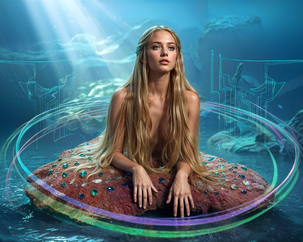 Underwater Scene with Young Woman and Colorful Sea Creature