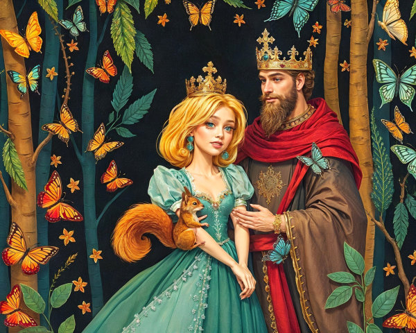 Regal couple in whimsical forest with butterflies