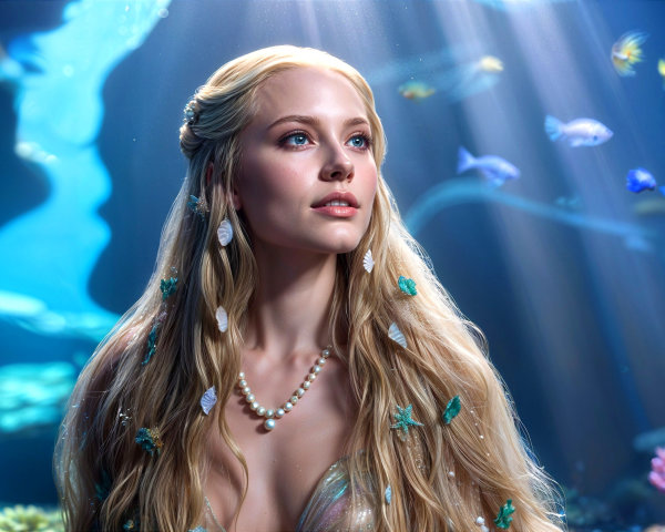 Underwater Scene with Young Woman and Marine Life