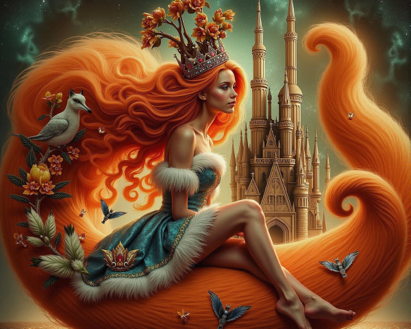 Whimsical Princess on Fox Tail with Castle Background