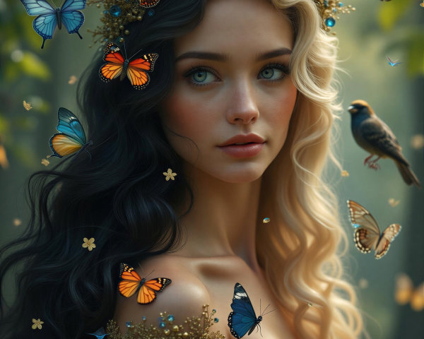 Young woman with dual-colored hairstyle in forest setting
