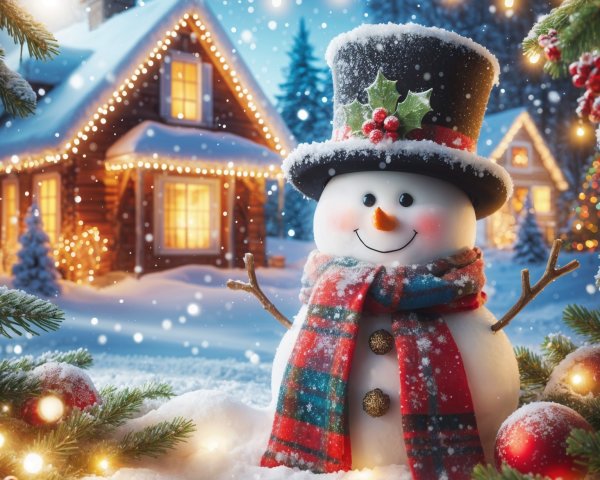 Cheerful snowman in snowy landscape with cabin and lights