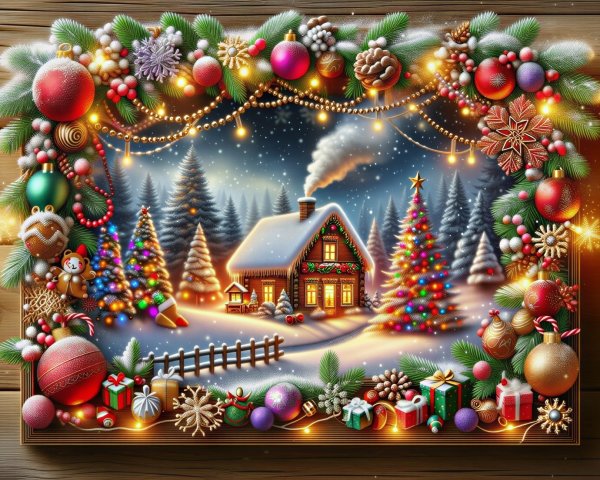 Cozy Winter Scene with Christmas Decorations and Cabin