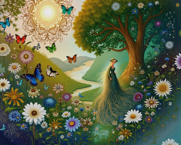 Vibrant Landscape with Flowers, Butterflies, and River