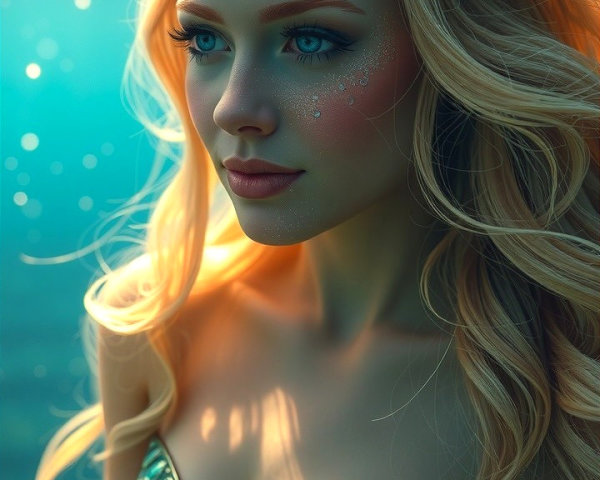 Underwater Scene with Young Woman in Seashell Dress