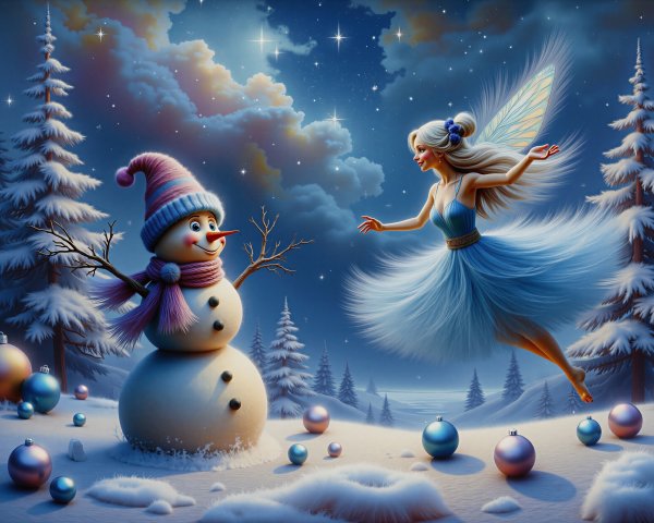 Whimsical Fairy and Snowman in Winter Landscape
