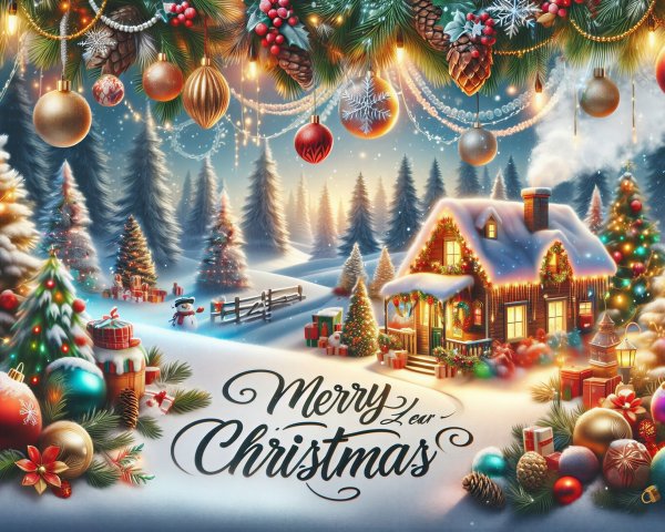 Cozy Snow-Covered Cabin in Winter Wonderland Scene