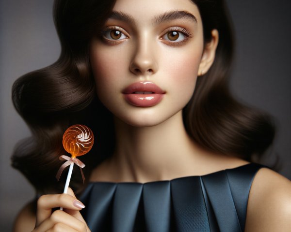 Young woman with wavy hair and orange lollipop