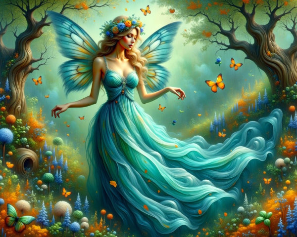 Fairy in Enchanted Forest with Iridescent Wings