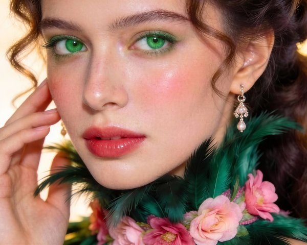 Close-Up Portrait of a Woman with Green Eyes and Feathers