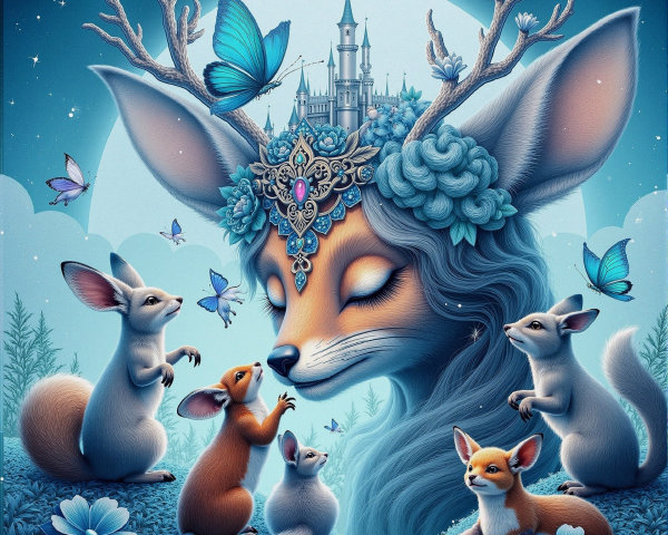 Majestic fox with antlers in a whimsical forest scene