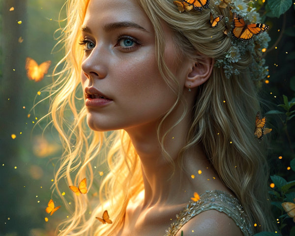 Serene portrait of a young woman with butterflies